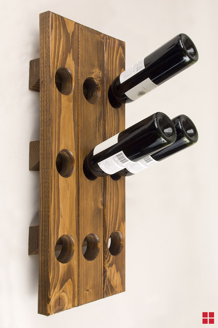 Wooden wall mounted wine rack with three wine bottles
